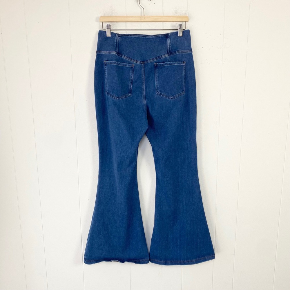 Blue Crossover V-Waist Flare Jeans Size L Pull On Stretch Denim Bell Bottoms - Picture 2 of 9